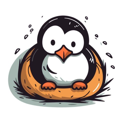 Cute penguin in the nest. Vector illustration isolated on white