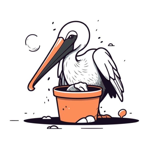 Pelican sitting on a pot of water. Vector illustration.