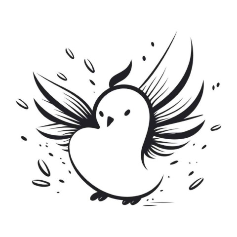 Vector image of a bird with wings. Black and white illustration.