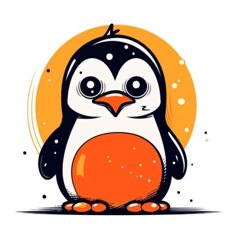 Cute penguin with orange ball. Vector illustration on white back