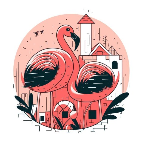 Flamingo in the city. Vector illustration in flat style.