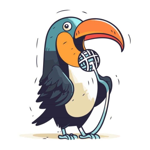 Cute cartoon toucan with microphone. Vector illustration on whit