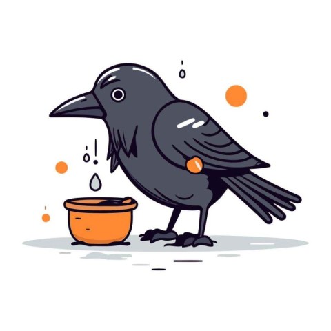 Crow with a bowl of water. Vector illustration in cartoon style.