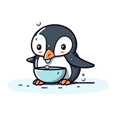 Cute penguin with bowl of porridge. Vector illustration.