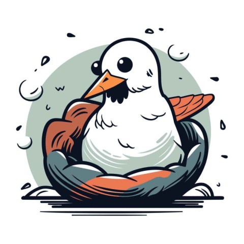 Vector illustration of a cute hand drawn penguin sitting in a bi