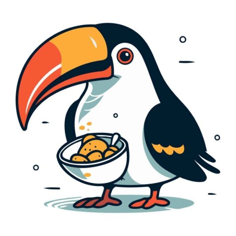 Cartoon toucan with a bowl of cereal. Vector illustration.