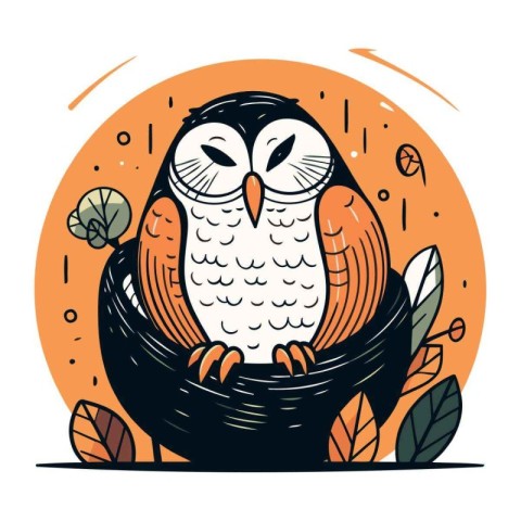 Owl in the nest. Vector illustration in doodle style.