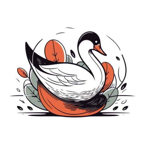 Swan and leaves. Hand drawn vector illustration for your design.