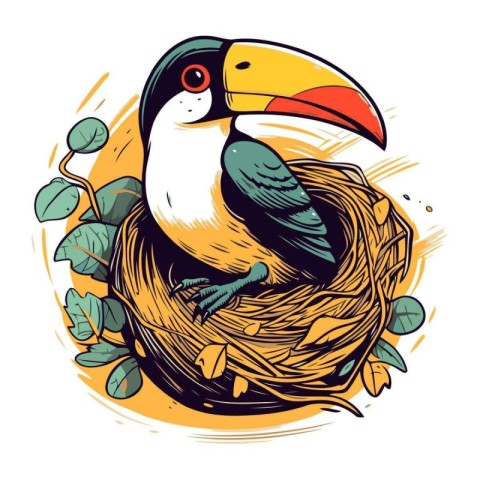 Toucan bird in a nest. Hand drawn vector illustration.