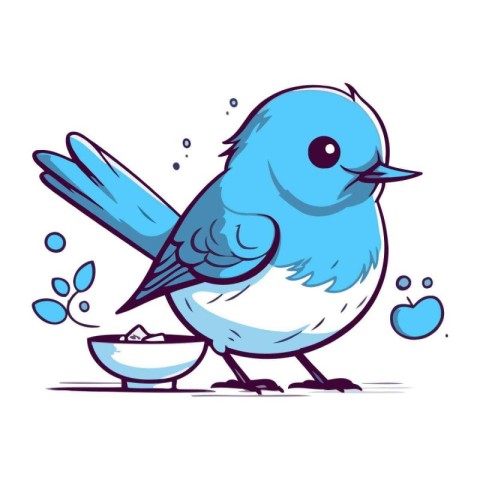 Cute cartoon blue bird with a bowl of food. Vector illustration.