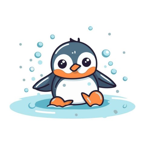 Cute penguin swimming in the sea. Cartoon vector illustration.