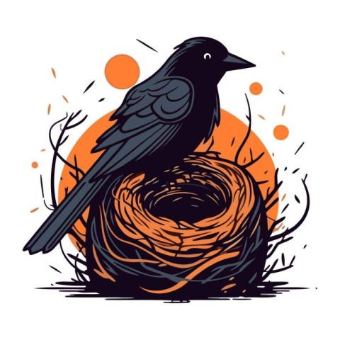 Crow sitting in the nest. Vector illustration in sketch style.