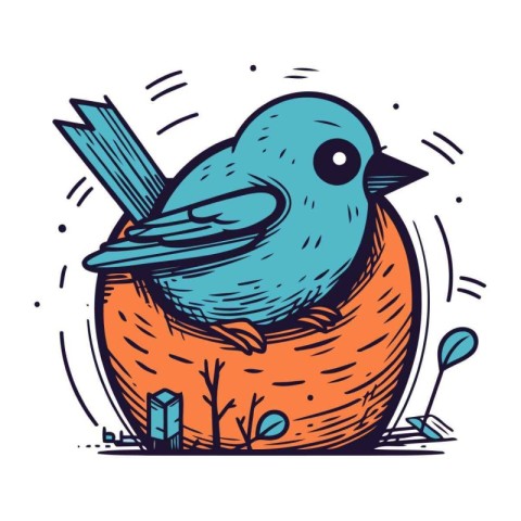 Hand drawn vector illustration of a cute little bird in a nest.