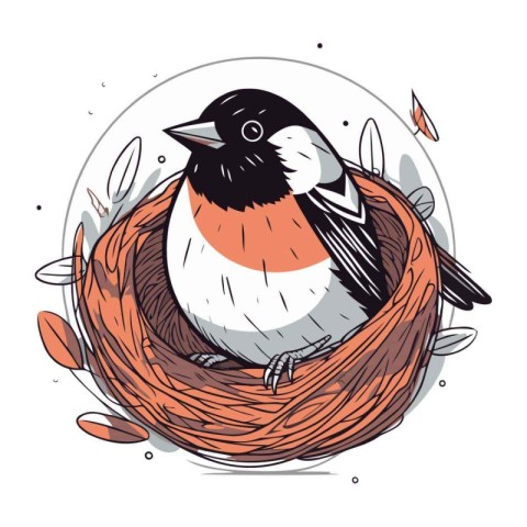 Cute bird in the nest. Hand drawn illustration. Vector.