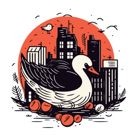 Swan with apples in the city. Vector illustration in sketch styl