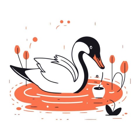 Swan swimming in the pond. Vector illustration in flat style.