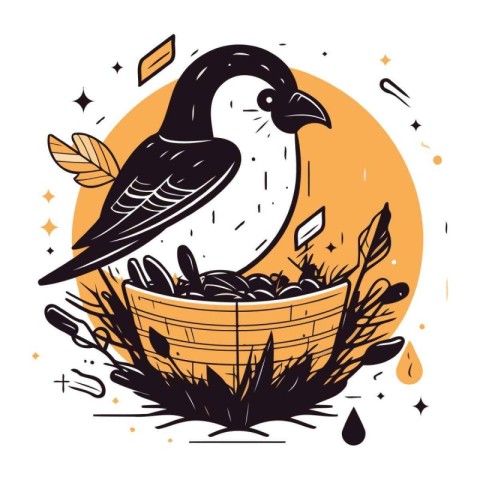 Vector illustration of a crow in a wicker basket. Bird in the na