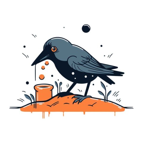 Crow with a cup of coffee on the ground. Vector illustration.