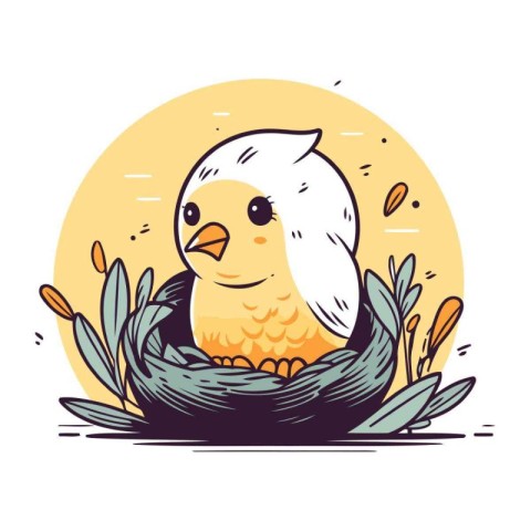 Cute little chick in the nest. Vector hand drawn illustration.