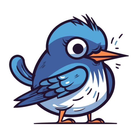 Cute cartoon blue bird isolated on white background. Vector illu