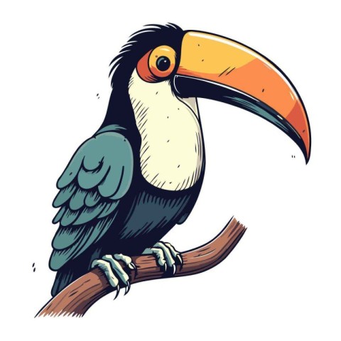 Toucan sitting on a branch. Hand drawn vector illustration.