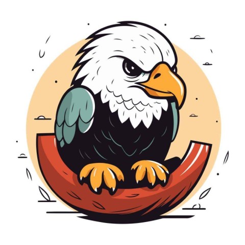 Illustration of a bald eagle sitting on a bowl. Vector illustrat