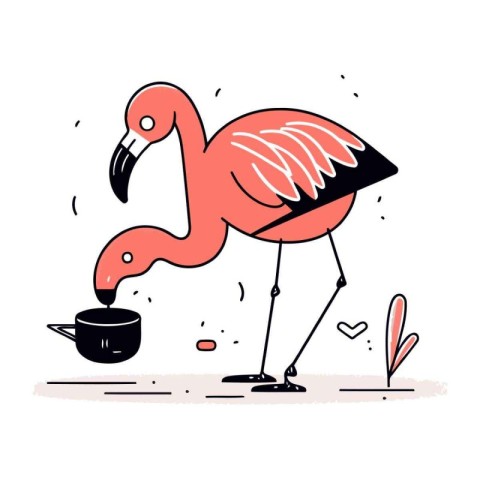 Flamingo with a cup of coffee. Vector hand drawn illustration.