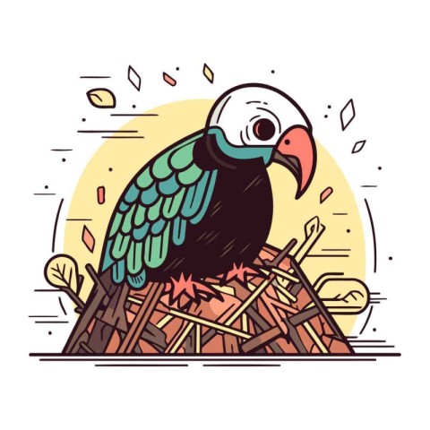 Cute parrot sitting on nest. Vector illustration in cartoon styl