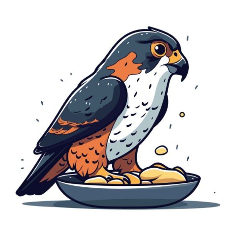 Illustration of a hawk eating from a bowl of cereals.