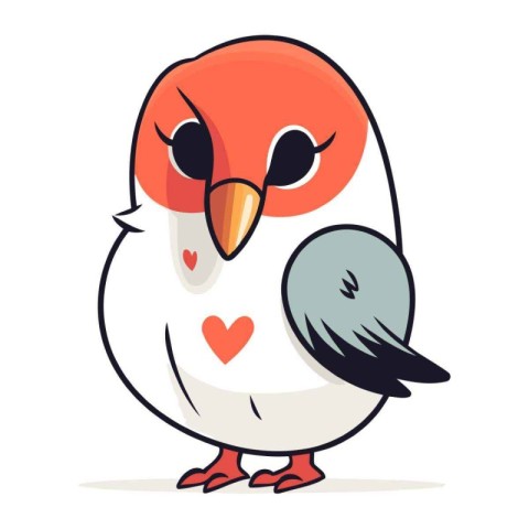 Cute cartoon bird with heart. Vector illustration isolated on wh