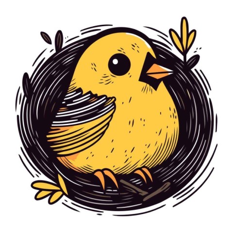 Cute little yellow chick in the nest. Hand drawn vector illustra