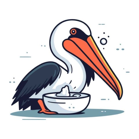 Pelican with a bowl of water. Vector illustration in cartoon sty