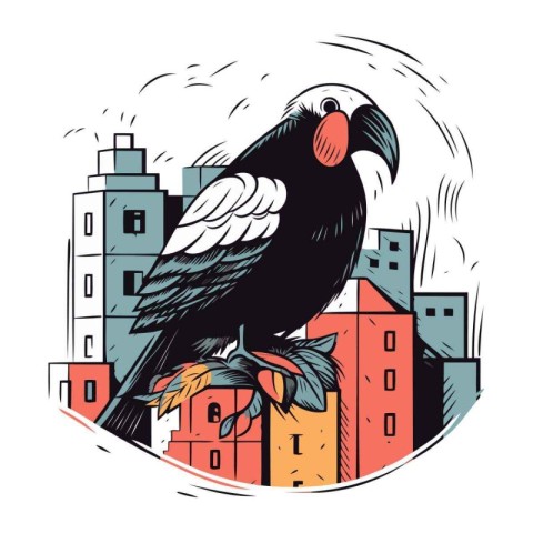 Vector illustration of a black raven on the background of the ci