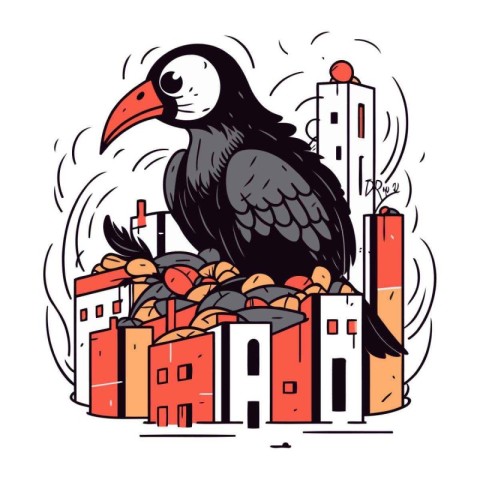 Tribal bird on the top of the city. Vector illustration