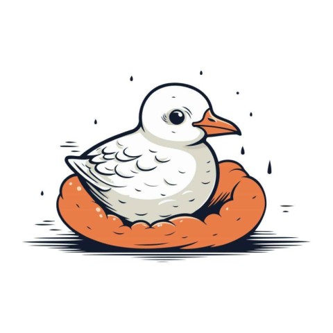 Hand drawn vector illustration of a seagull in a lifebuoy