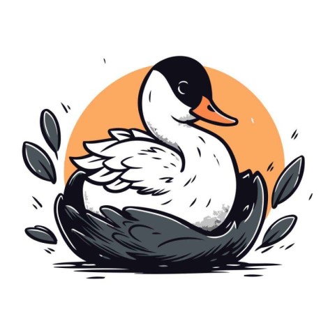 Vector hand drawn illustration of a swan sitting on a nest.