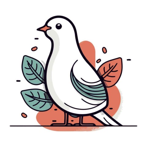 Hand drawn doodle illustration of a white dove with leaves.