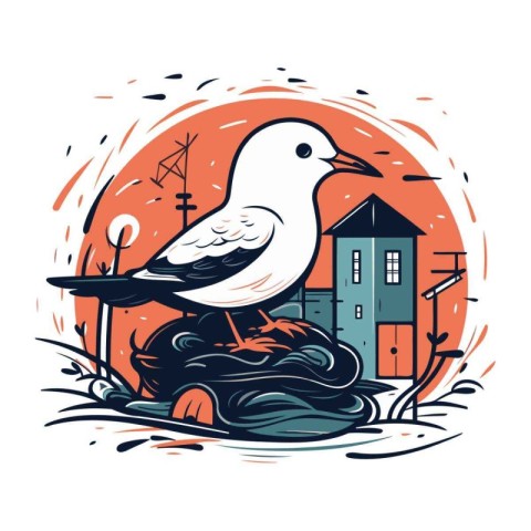 Vector illustration of a seagull sitting on a rock in the city.