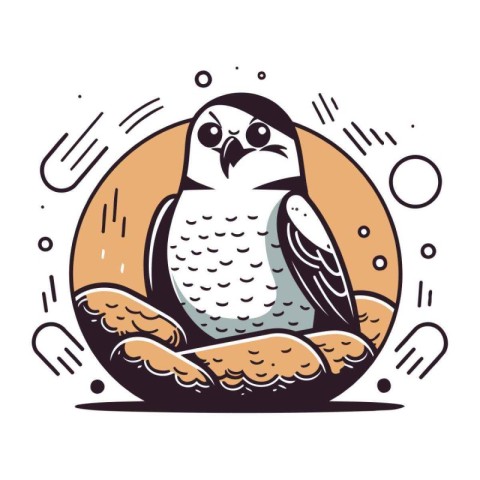 Cute cartoon penguin sitting on a nest. Vector illustration.