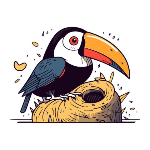 Toucan sitting on the nest. Vector illustration in cartoon style