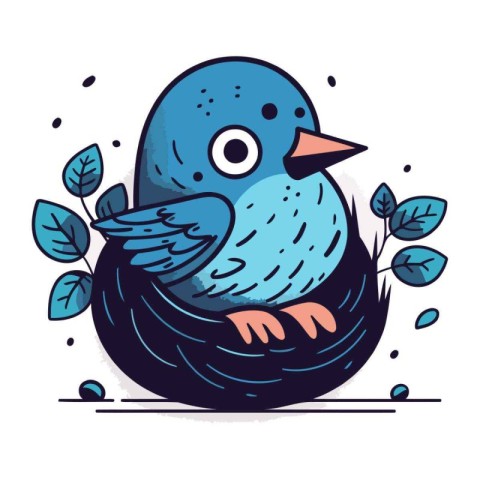 Vector illustration of cute blue bird with leaves isolated on wh