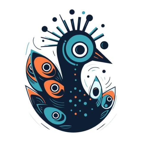 Peacock head with eyes and feathers. Vector illustration on whit