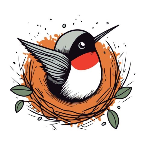 Hand drawn vector illustration of a swallow in a nest with leave