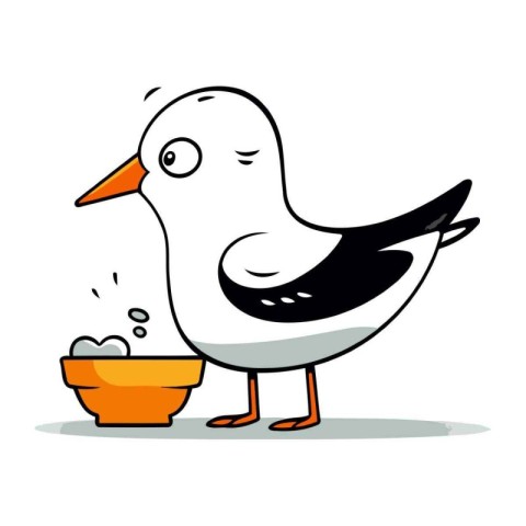 Seagull with a bowl of food. Cartoon vector illustration.