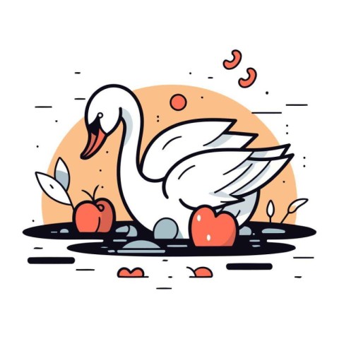 Swan with apples. Vector illustration in doodle style.