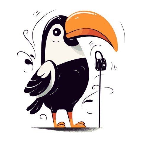 Cute cartoon toucan with headphones. Hand drawn vector illustrat