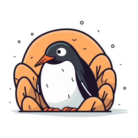 Cute penguin sitting on a shell. Vector illustration in cartoon