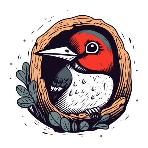 Woodpecker in a bird nest. Hand drawn vector illustration.