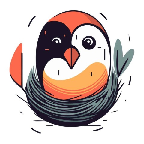 Cute cartoon penguin in the nest. Vector illustration in flat st