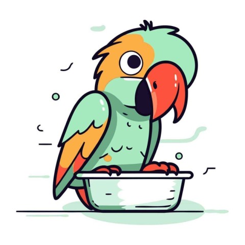 Cute parrot sitting on a bowl of water. Vector illustration.